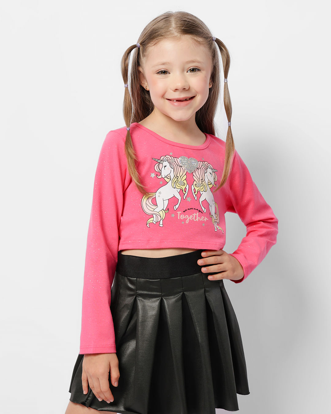 Blusa Infantil Cropped Manga Longa Estampa Com Paetê Rosa