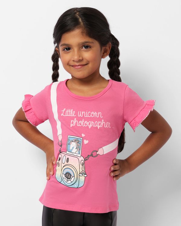 Blusa Infantil Estampa Unicórnio Manga Curta Com Babado Lurex Rosa 6