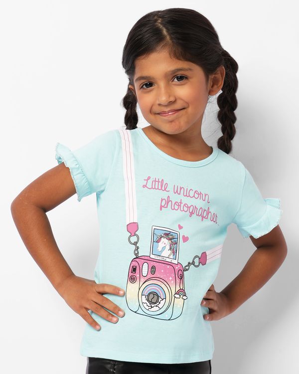 Blusa Infantil Estampa Unicórnio Manga Curta Com Babado Lurex Azul 6