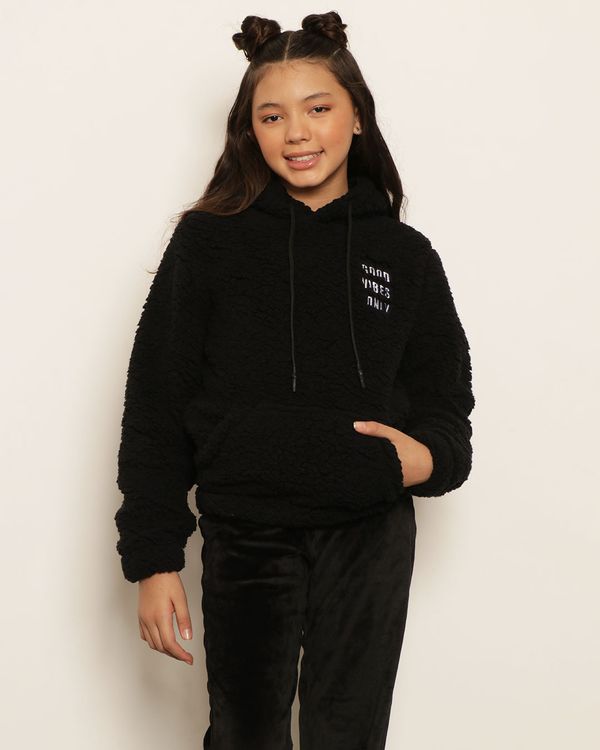 Blusão Juvenil Sherpa Bolso Canguru Com Capuz Preto 10