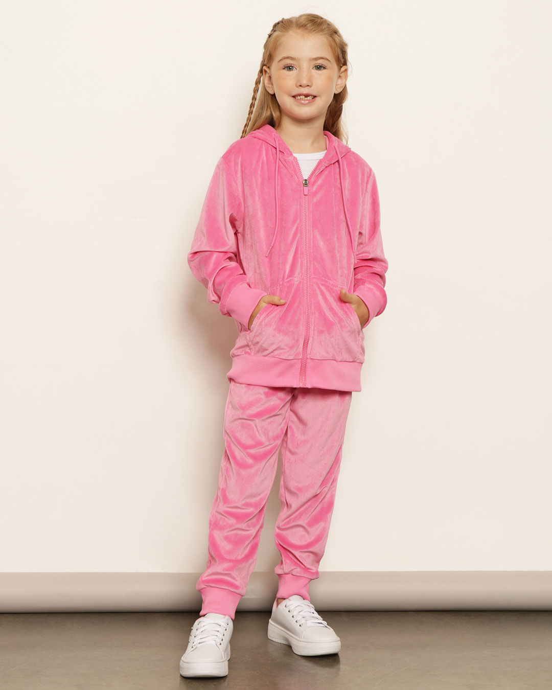 Jaqueta Infantil Plush Bolsos Com Capuz Rosa - Main Image