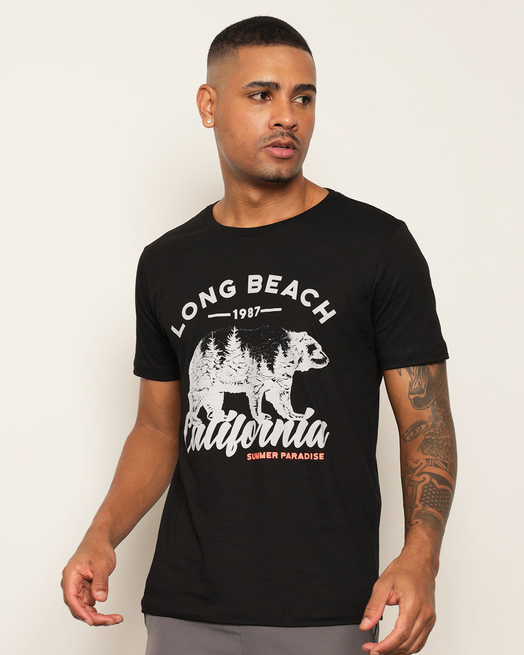 Camiseta Masculina Surf Estampa Urso Manga Curta Preta