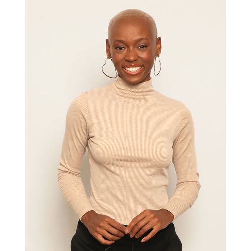 Blusa Feminina Canelada Gola Alta Manga Longa Bege