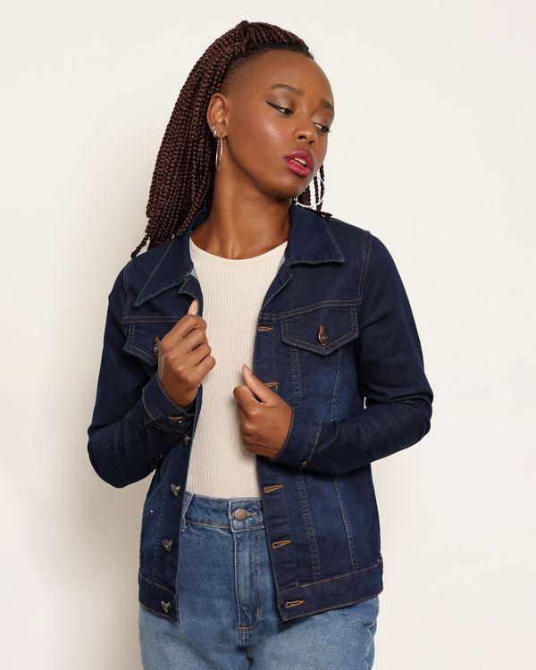Jaqueta Jeans Feminina Manga Longa Com Bolso Azul GG