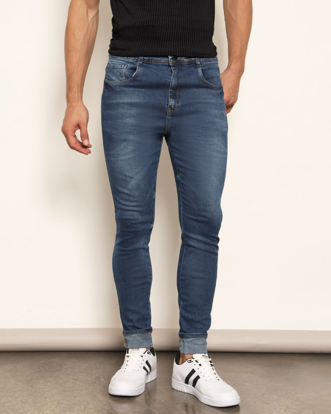 Calça Jeans Masculina Reta Barra Dobrada Azul1