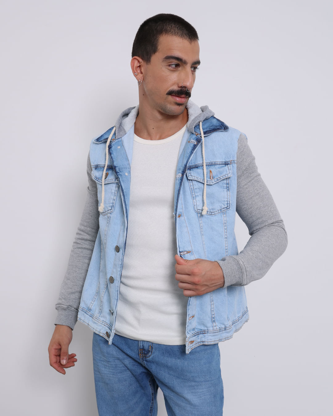 Jaqueta Jeans Masculina Manga Longa Com Capuz Azul
