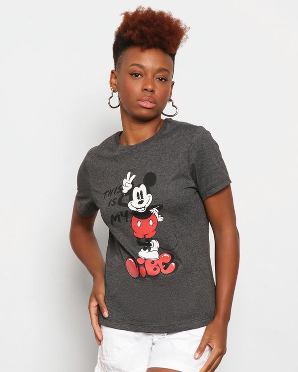 Camiseta Feminina Disney Mickey Manga Curta Mescla Cinza P