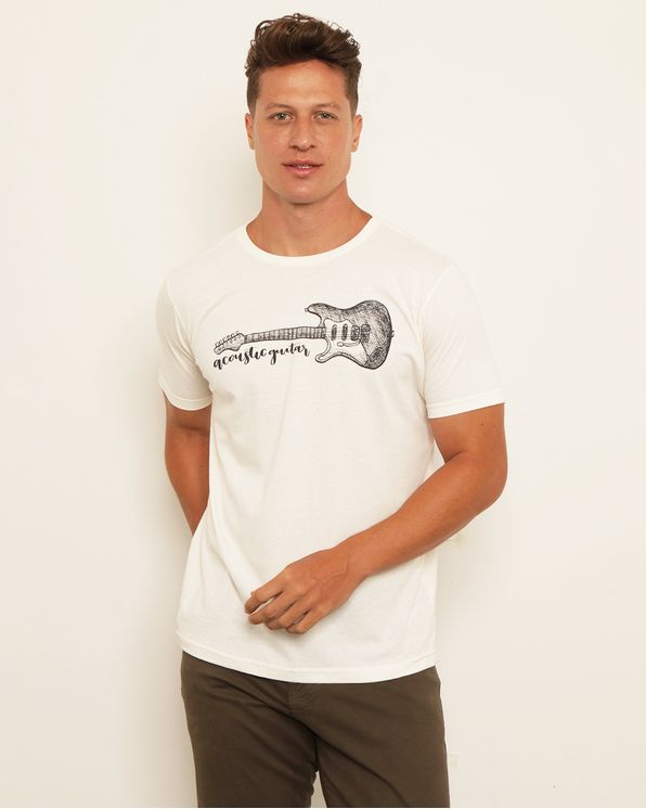 Camiseta Masculina Estampa Rock Manga Curta Bege