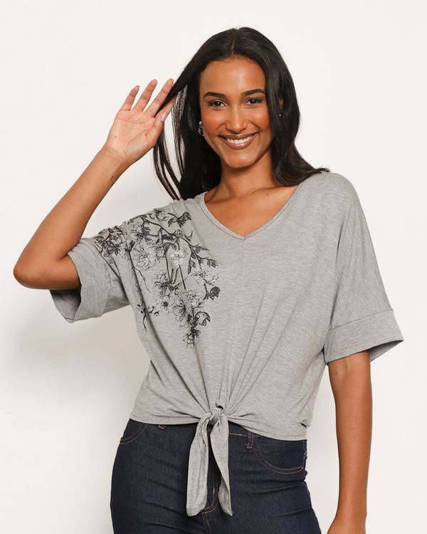 Blusa Feminina Manga Curta Estampa Frontal Com Nozinho Cinza P