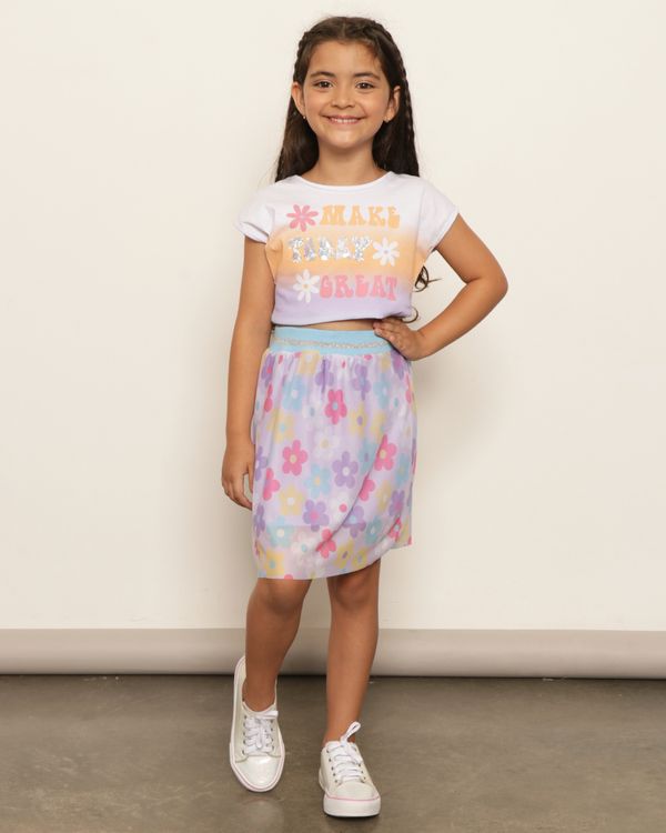 Saia Infantil Sobreposição Tule Estampada Flores Lilás 8