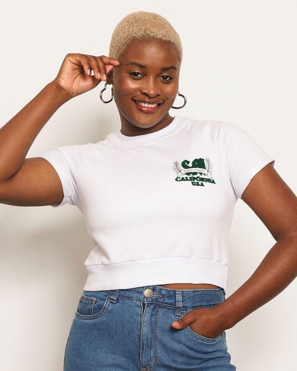 Blusa Feminina Cropped California Manga Curta Branca G
