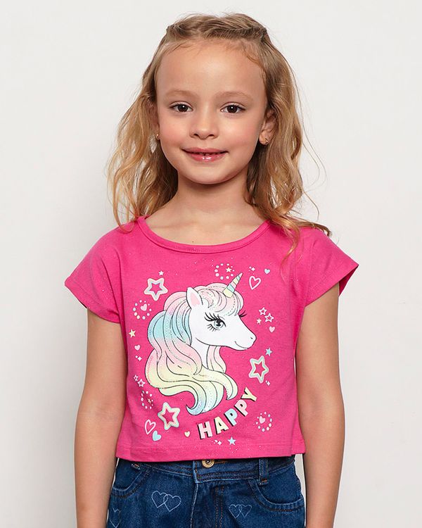 Blusa Infantil Cropped Estampa Unicórnio Com Paetê e Glitter Rosa 6