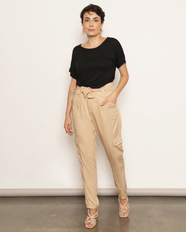 Calça Feminina Berry & Co. Viscose Cargo Bege P