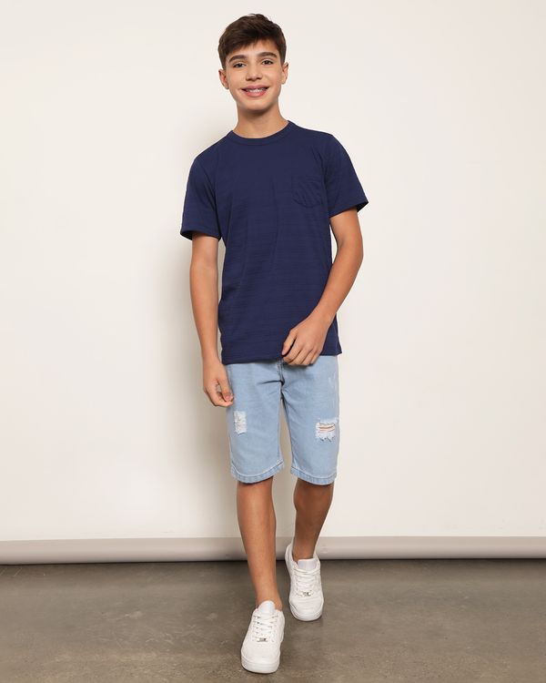 Bermuda Jeans Juvenil Com Puídos Destroyed Azul 14