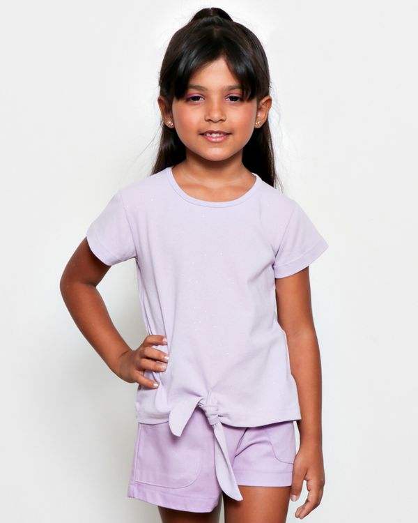 Blusa Infantil Manga Curta com Gltter e Nó Frontal Lilás 8
