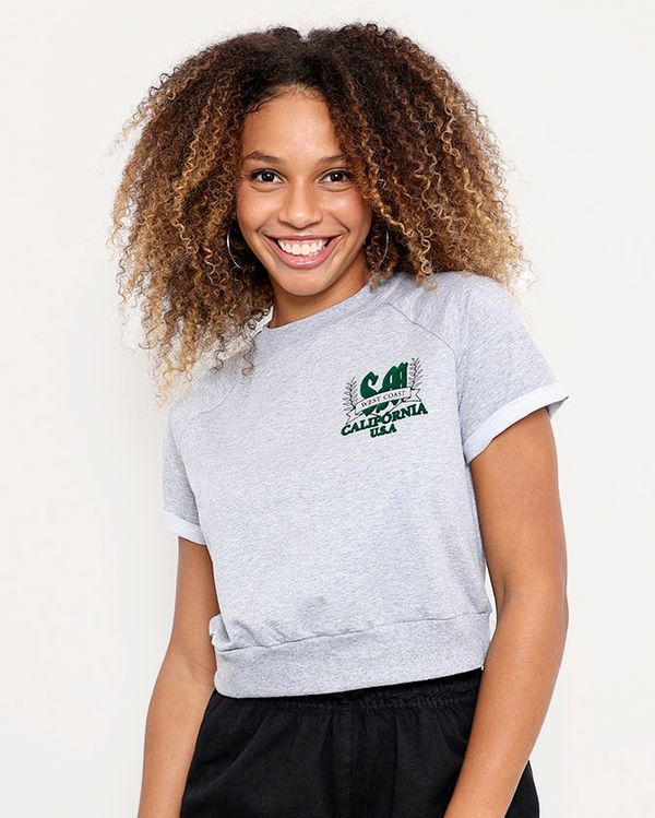 Blusa Feminina Cropped California Manga Curta Mescla Cinza P