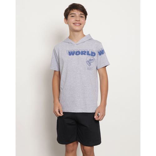 Camiseta Juvenil com Capuz Estampa World Mescla Cinza