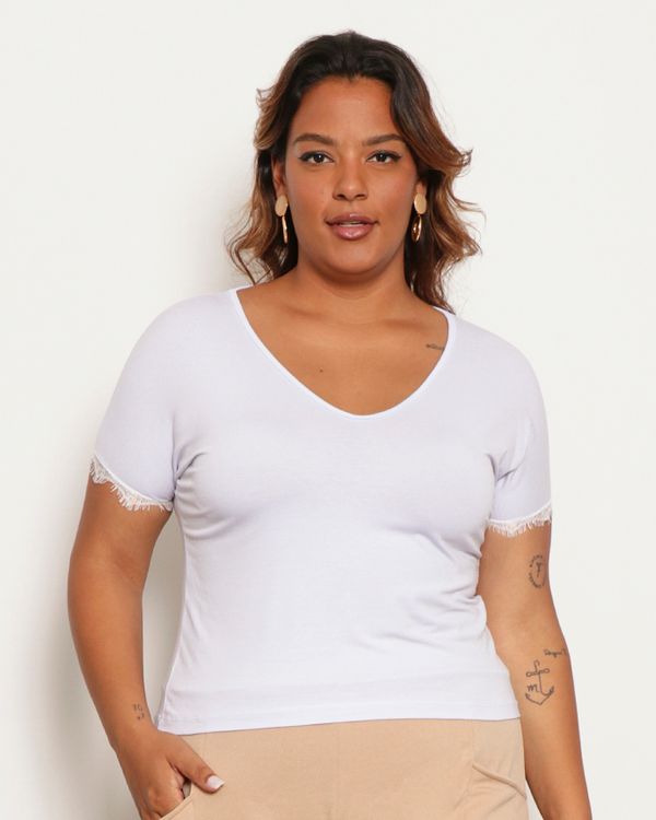 Blusa Feminina Viscose com Renda Manga Curta Gola V Branca G
