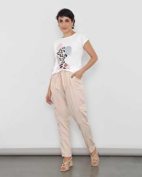 Calça Feminina Sarja Bolso Cargo Faixa De Amarração Bege G
