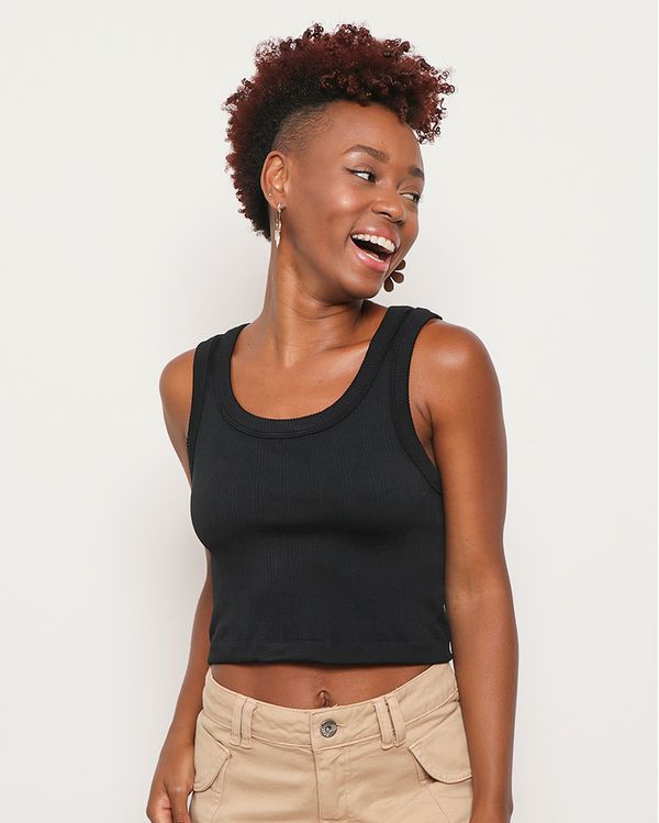 Regata Feminina Cropped Canelada Sem Costura Preta G