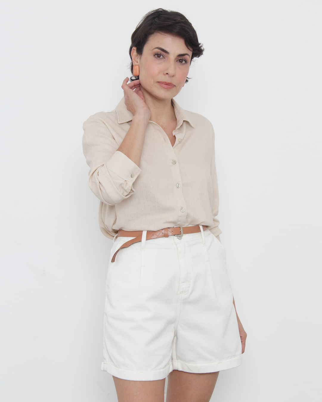 Camisa Feminina Berry Manga Longa Linho Bege - Main Image