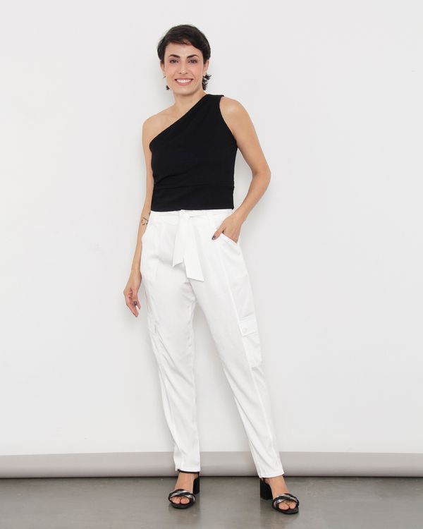 Calça Feminina Sarja Bolso Cargo Faixa De Amarração Branca GG