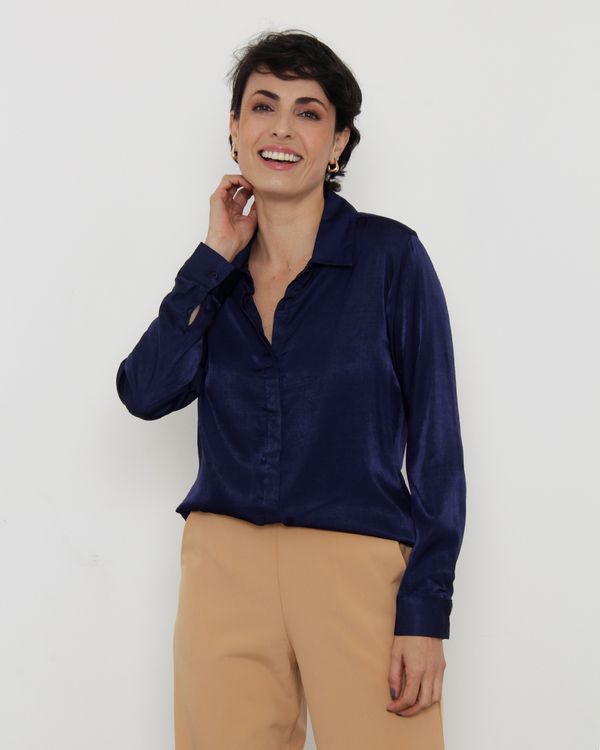 Camisa Feminina Social Manga Longa Cupro Marinho GG