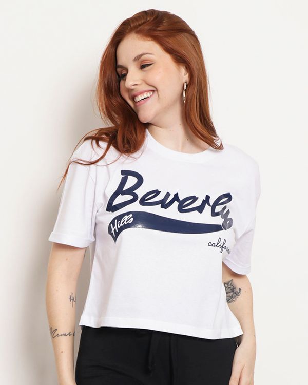 Blusa Feminina Cropped Manga Curta Estampa Frontal Branca P
