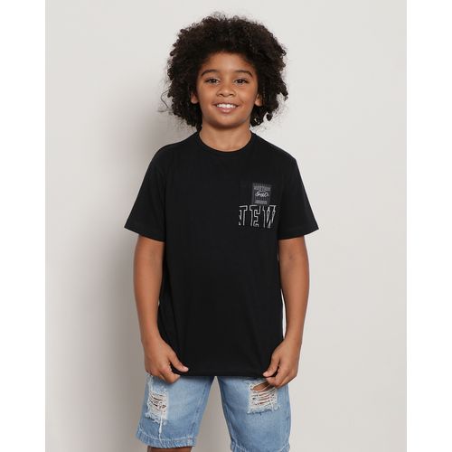 Camiseta Infantil Manga Curta com Bolso Estampado Preta