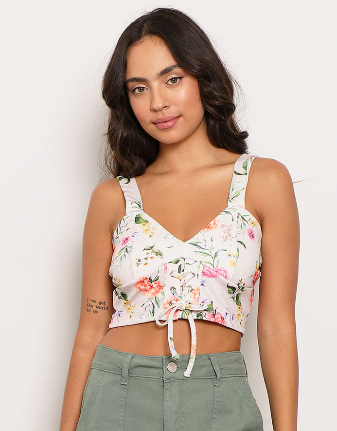 Regata Feminina Cropped Estampado Floral Bege