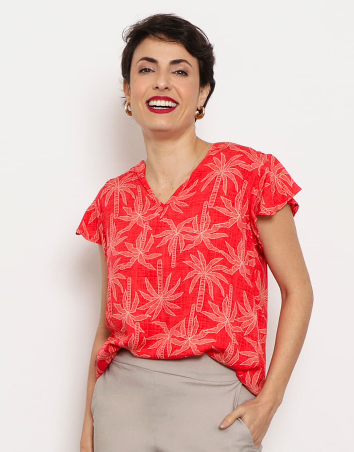 Blusa Feminina Decote V Viscose Estampada Coqueiro Vermelha
