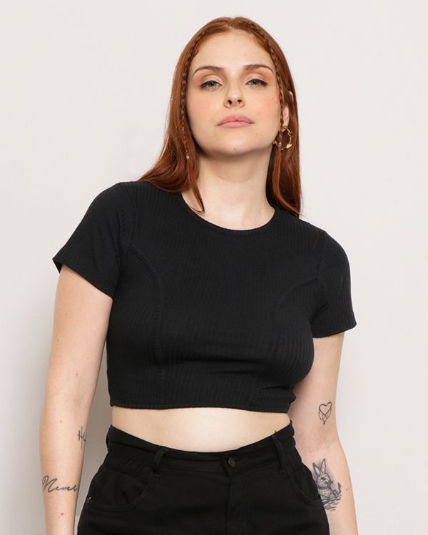 Blusa Feminina Cropped Manga Curta Canelada Preta G