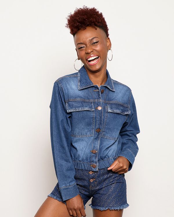 Jaqueta Jeans Feminina Manga Longa Com Elástico Azul M
