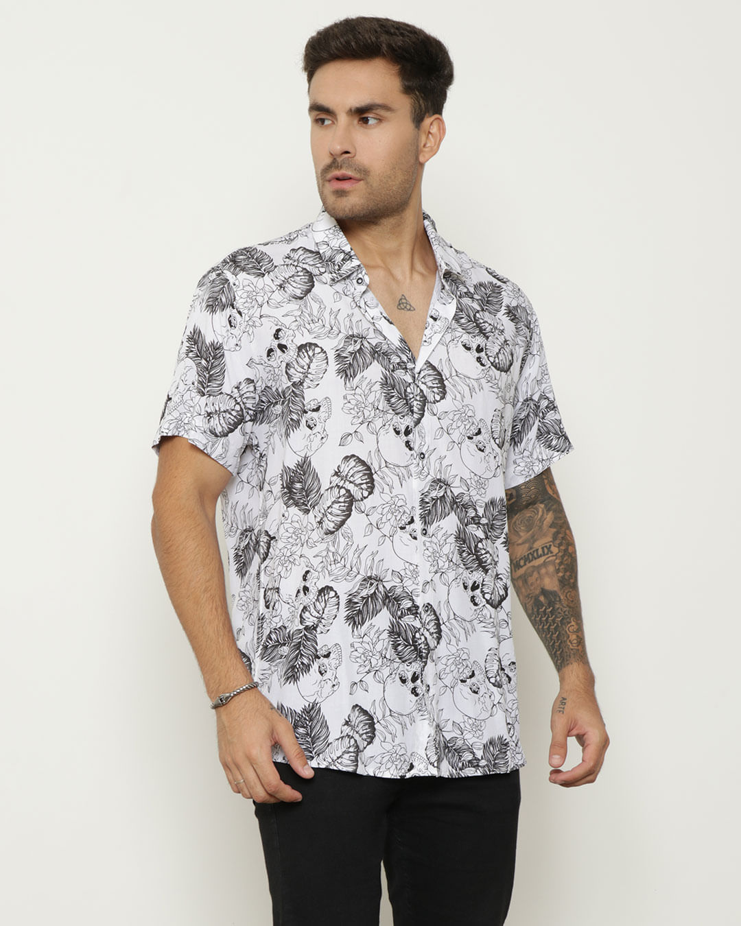 Camisa Masculina Estampada Viscose Branca