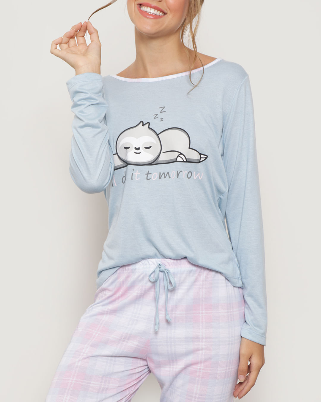 Pijama-Feminina-Manga-Longa-Com-Calca-Xadrez-Azul