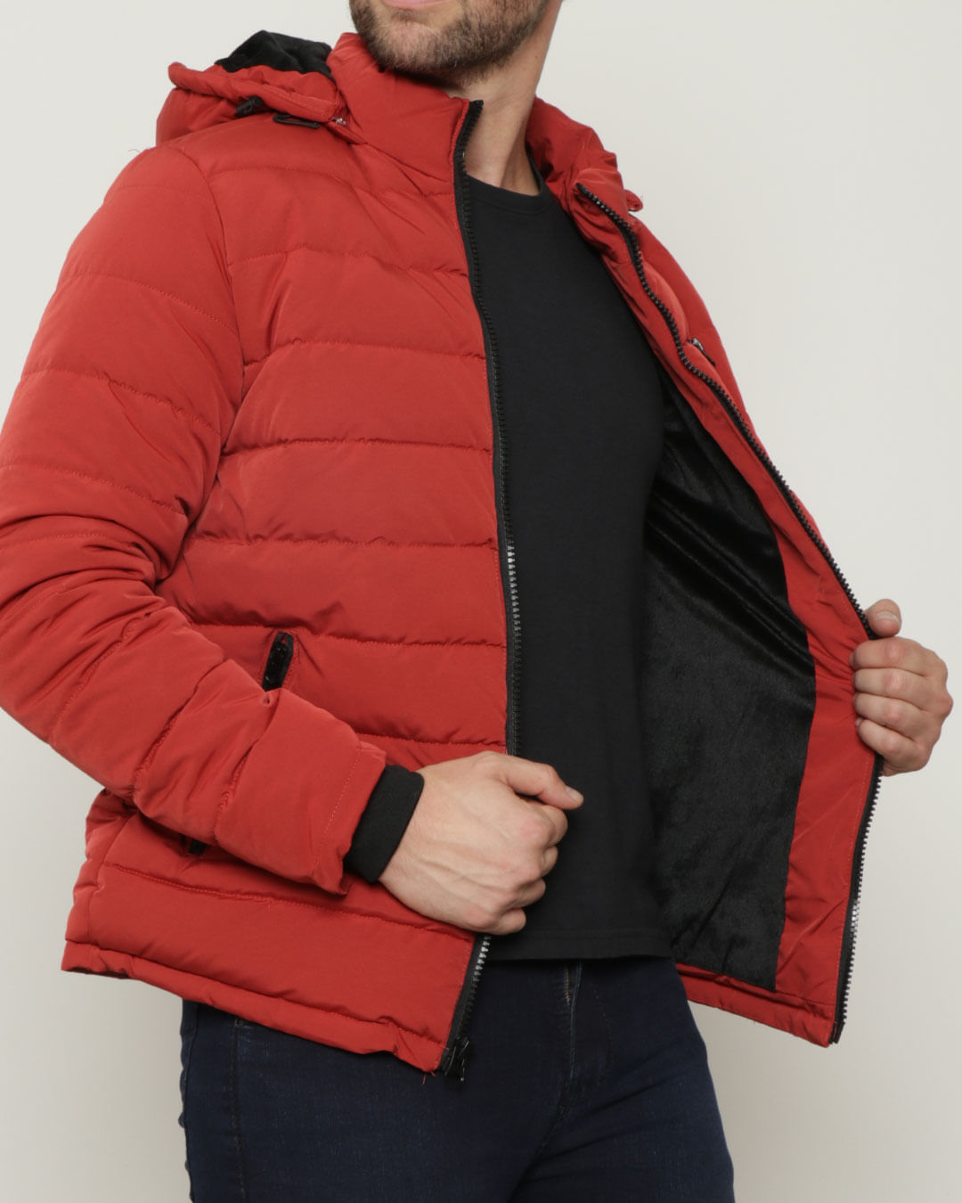 ​Jaqueta-Masculina-Puffer-Gola-Alta-Com-Capuz-Vermelha-