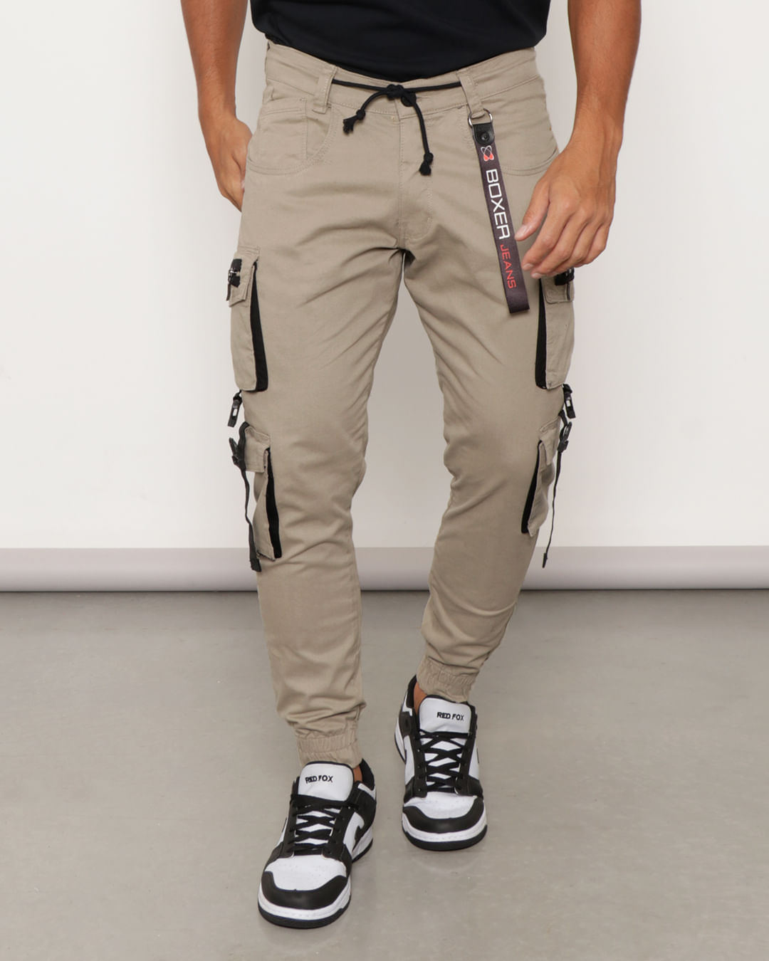 Calça Masculina Sarja Bolso Cargo Street Jogger Bege