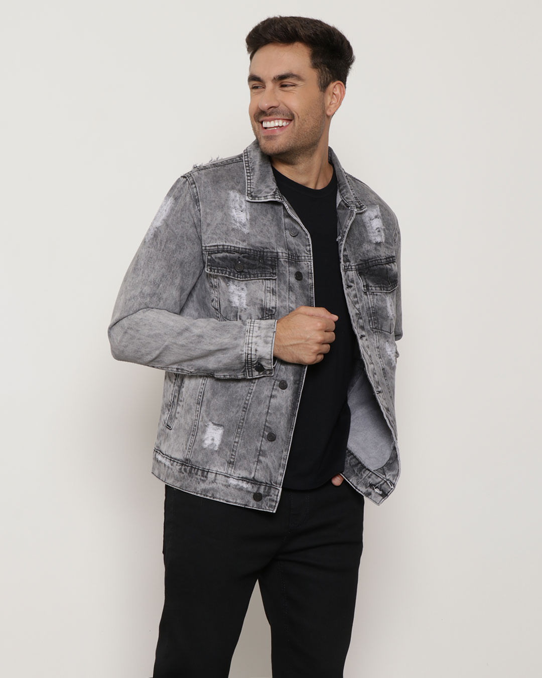 Jaqueta Jeans Masculina Estonado Destroyed Vizzy Preta