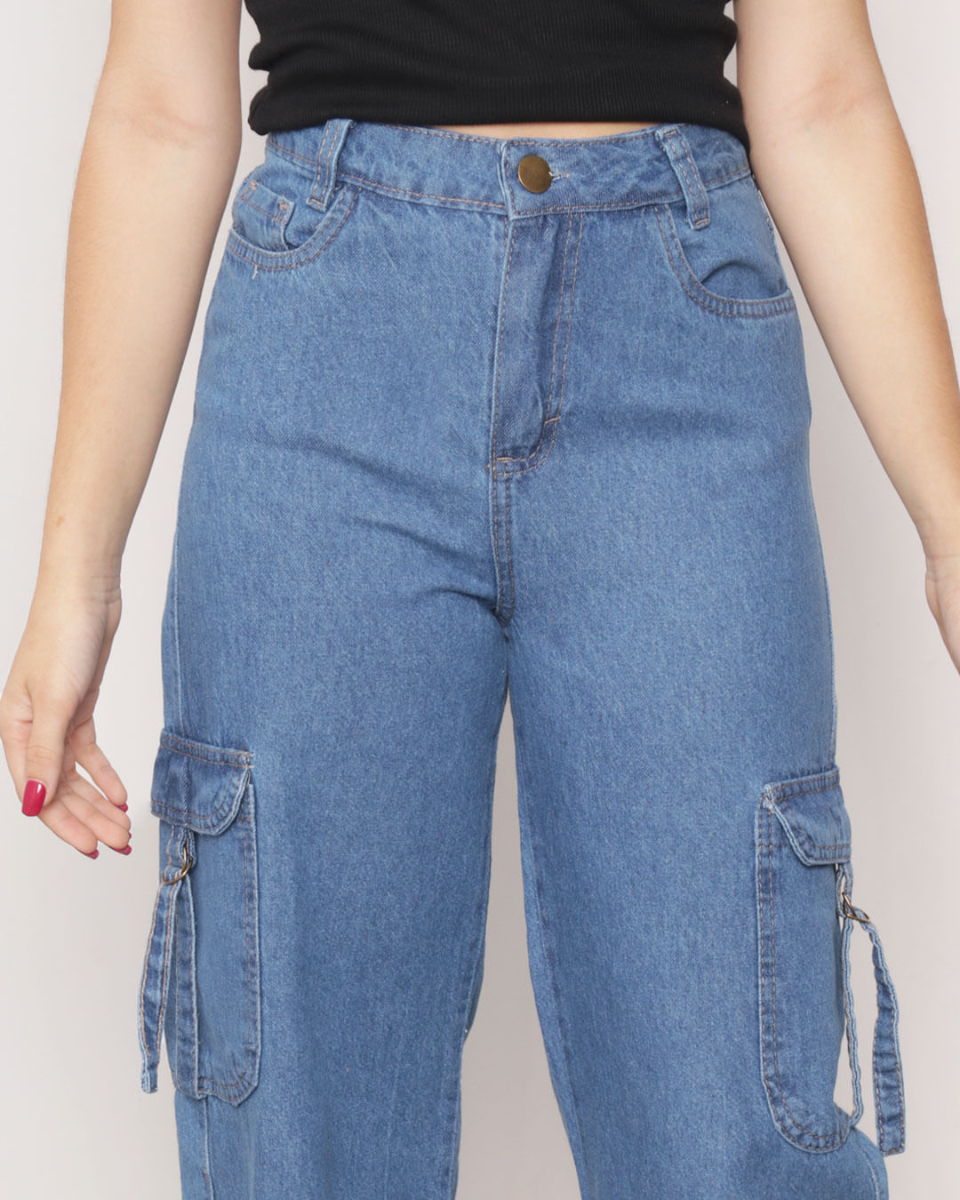 ​Calca-Jeans-Juvenil-Wide-Leg-Bolso-Cargo-Azul