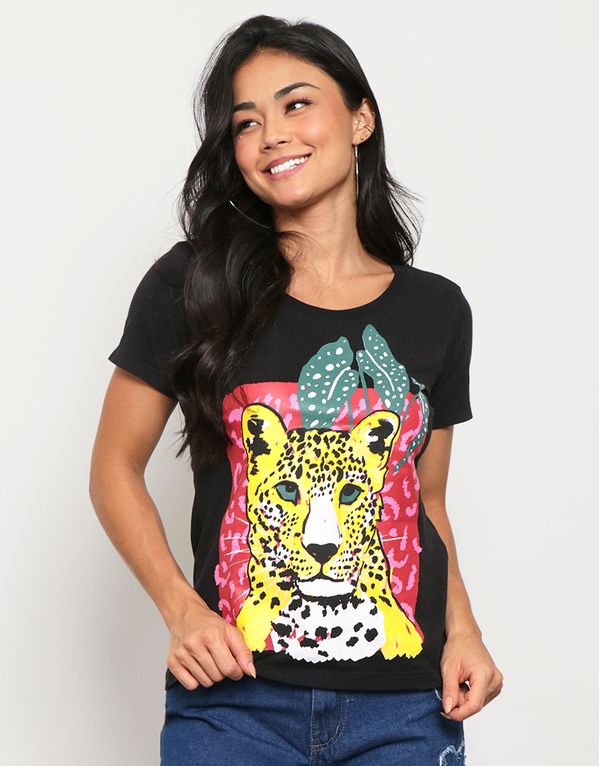 Camiseta Feminina Algodão com Estampa Onça Manga Curta Preta P