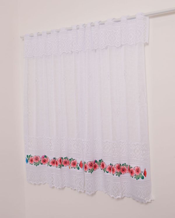 Cortina de Renda Cozinha Valencia Varão de até 150cm Estampa Floral Branco UN