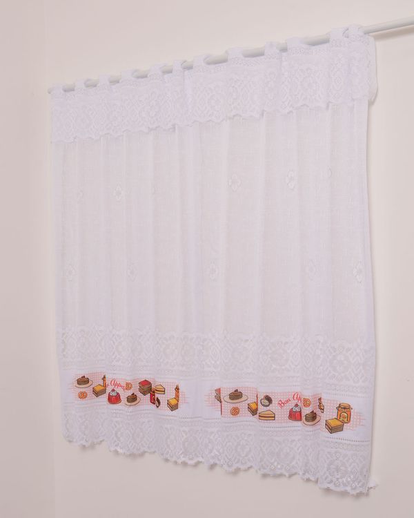 Cortina de Renda Cozinha Valencia Varão de até 150cm Estampa Café da Manhã Branco UN