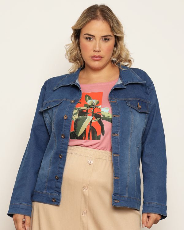 Jaqueta Jeans Plus Size Feminina Com Bolsos Azul G3