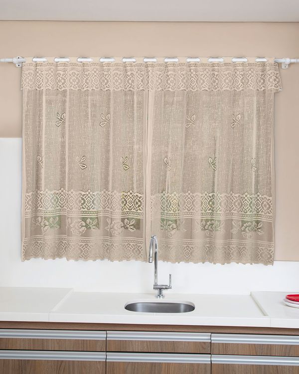 Cortina De Cozinha Varão Até 150cm Renda Marrom Claro UN