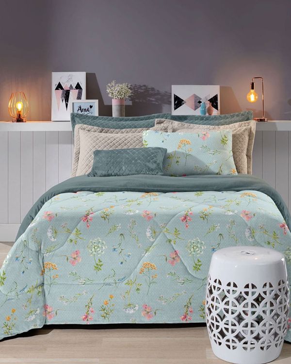 Coberdrom Queen Slim Plush Floral Hedrons Azul Claro UN
