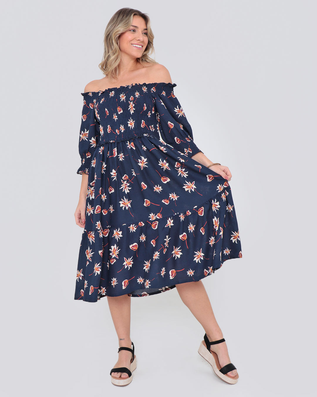 Vestido-Midi-Lastex-Mga-¾--7959re---Marinho