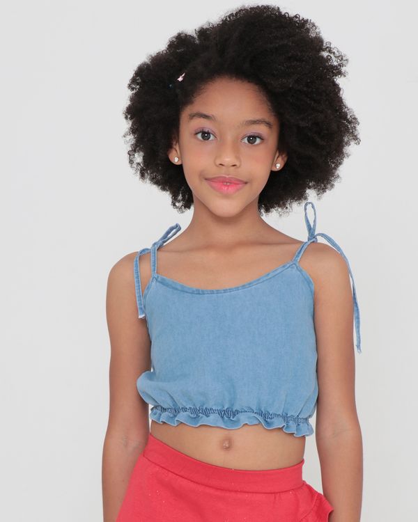 Blusa Jeans Infantil Cropped Alcinha Amarração Azul 6