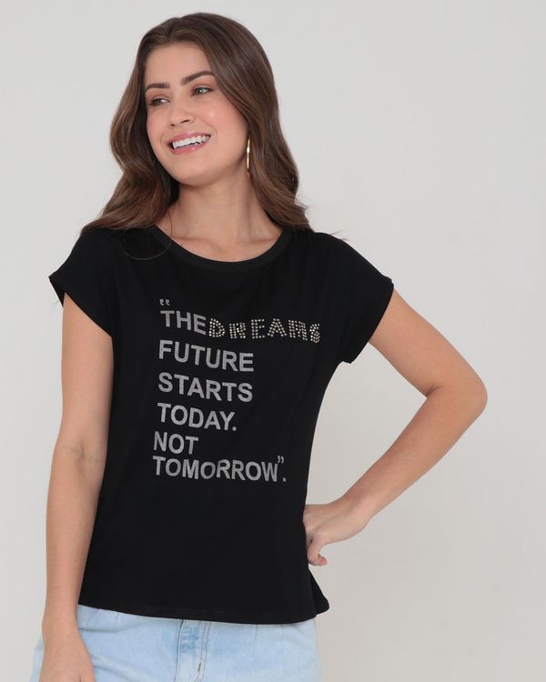 Blusa Feminina Viscose com Estampa Strass Manga Curta Preta GG