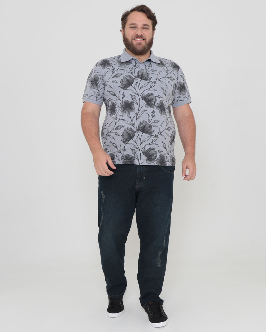 Polo-Ib-9043-Floral-Com-Bordado plus---Cinza-Floral
