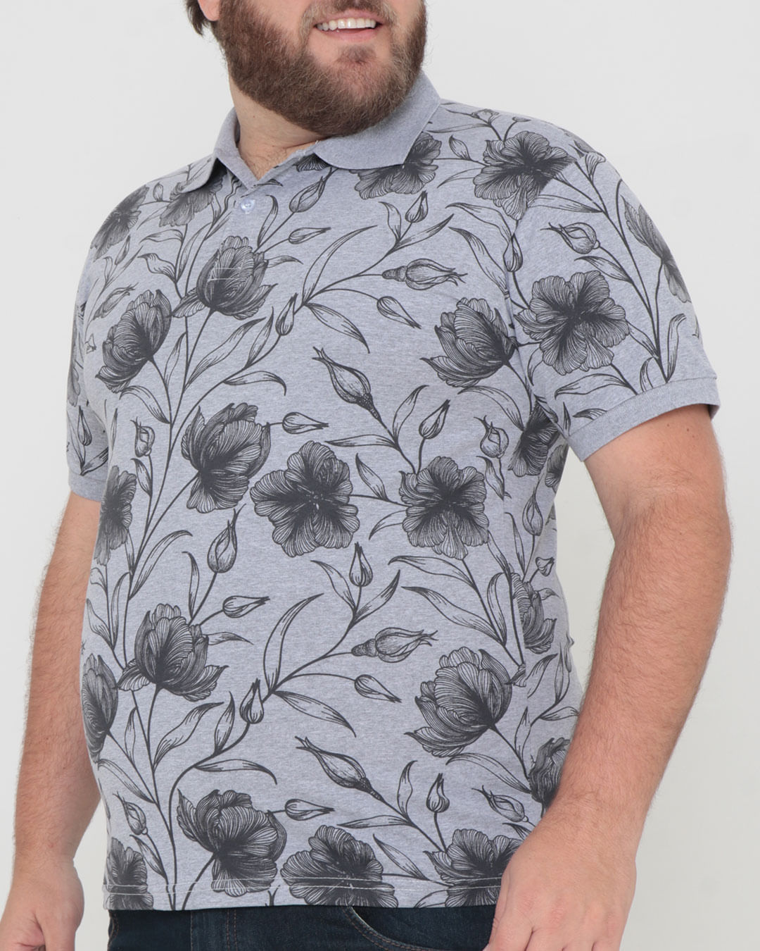Polo-Ib-9043-Floral-Com-Bordado plus---Cinza-Floral